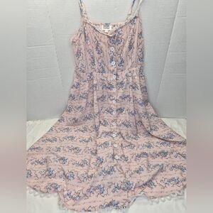 Unique vintage Light Pink Floral Pattern Swing Dress Style Crochet Trim Size L